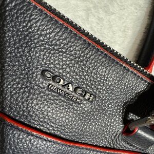 Coach Men's Navy Blue Leather Messenger Bag with Red Accents